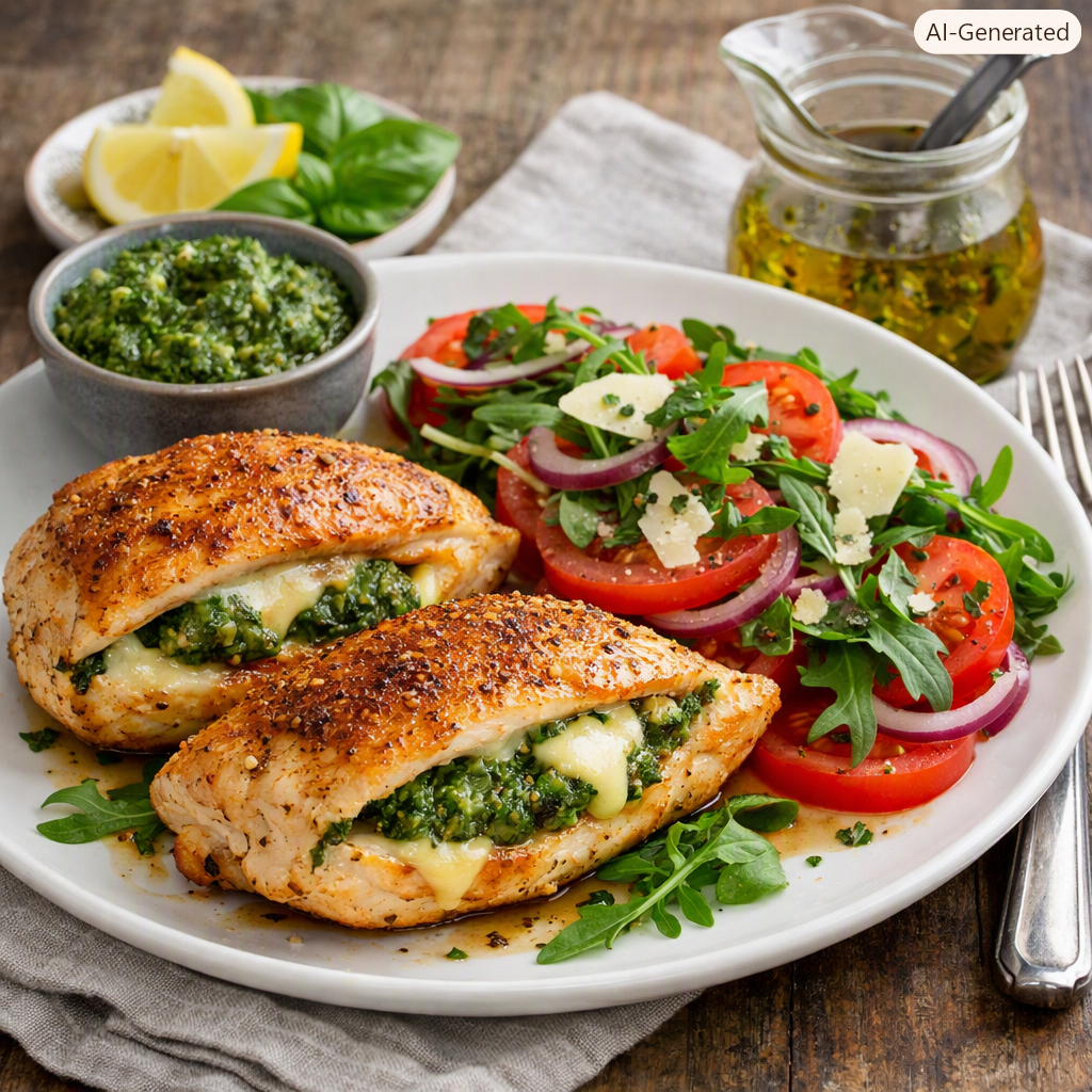 Fyldt kyllingsbryst m. pesto og frisk tomatsalat
