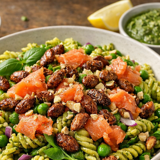 Pastasalat med røget laks, hjemmelavet pesto og kryddermandler