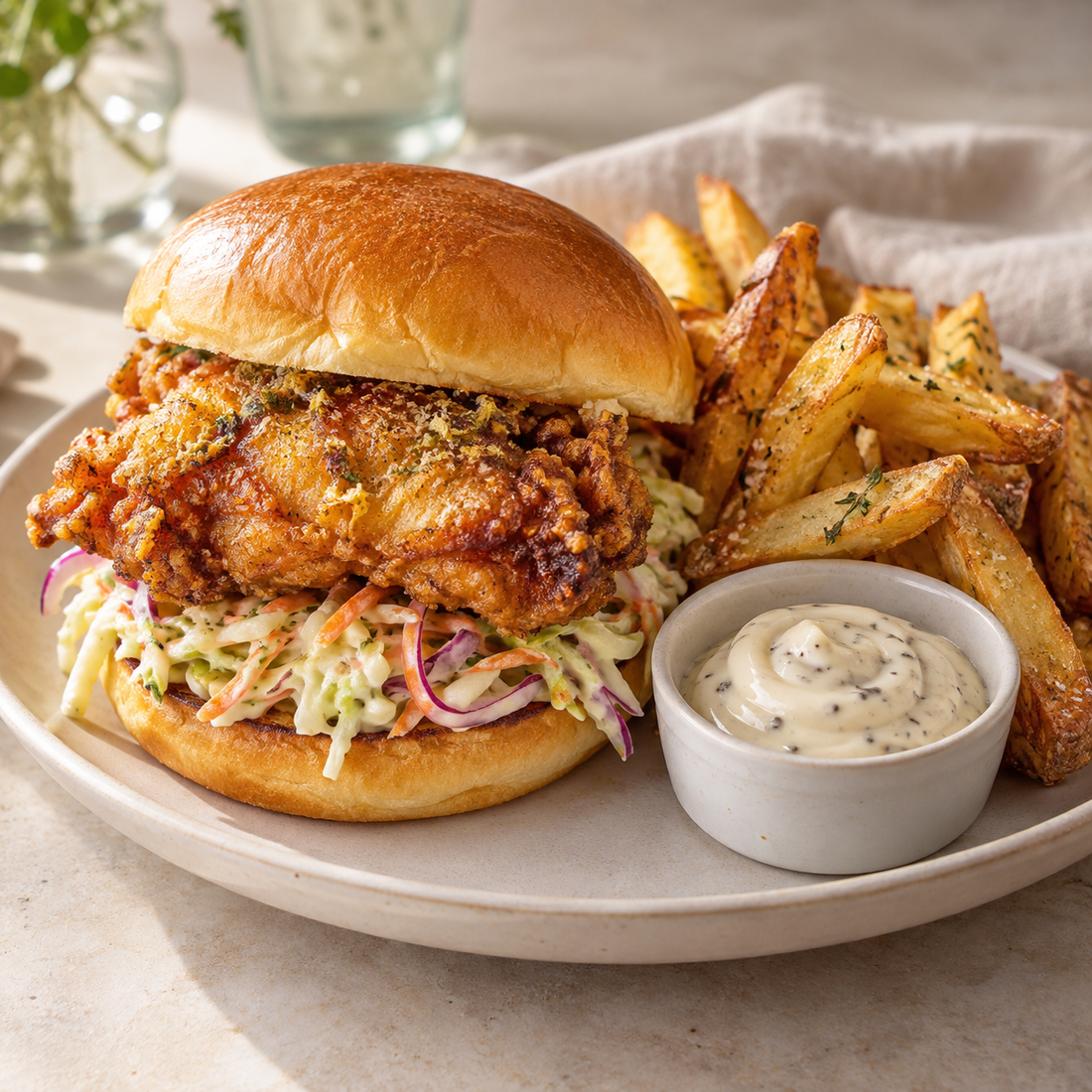 Kyllingeburger med trøffelmayo, coleslaw og sprøde pommes frites
