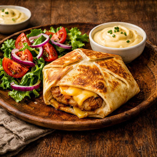 Tortilla kyllinge-cheeseburger med alioli og frisk salat